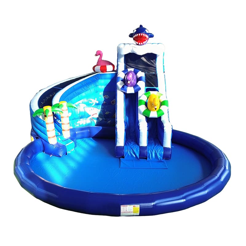 Shark theme inflatable water park with dual lane slide and airtight pool